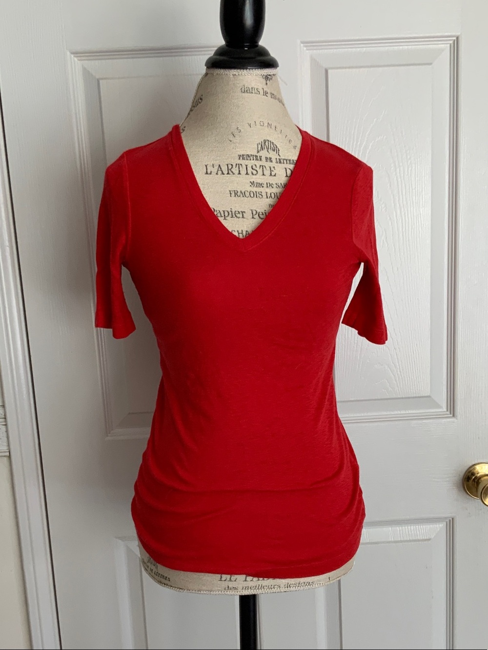 Three Dots Bloomingdales Red V-Neck Short Sleeve Top